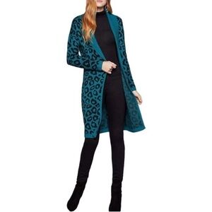 BCBGeneration Leopard Print Teal / Blue Long Cardigan Sweater NWT